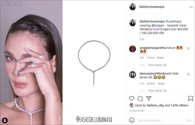 Luna Maya pakai kalung bertabur berlian di pemotretan majalah. (Instagram/@fashion.lunamaya)