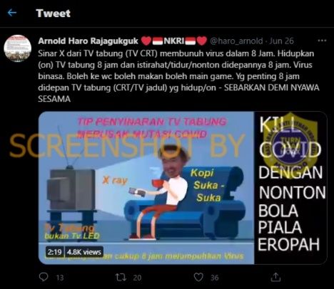 CEK FAKTA Benarkah Sinar X TV Tabung Bisa Bunuh Virus Dalam 8 Jam. (Turnbackhoax.id)