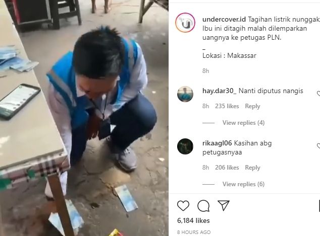 Viral wanita melempar uang saat ditagih bayar tagihan listrik petugas PLN. (Instagram/undercover.id)