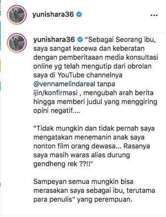 Unggahan Yuni Shara di Instagram. 