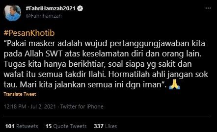 Fahri Hamzah Tulis Pesan Bijak Untuk Selalu Memakai Masker. (Twitter/@Fahrihamzah)