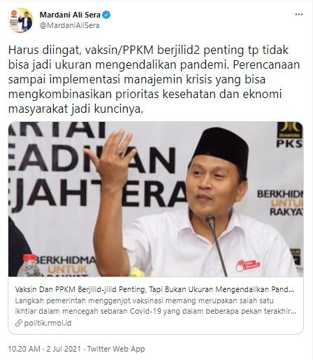 Komentar Mardani soal PPKM darurat (Twitter/mardanialisera)