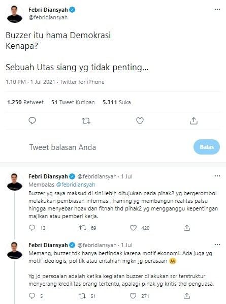 Febri Diansyah sebut buzzer hama demokrasi (Twitter/febridiansyah)