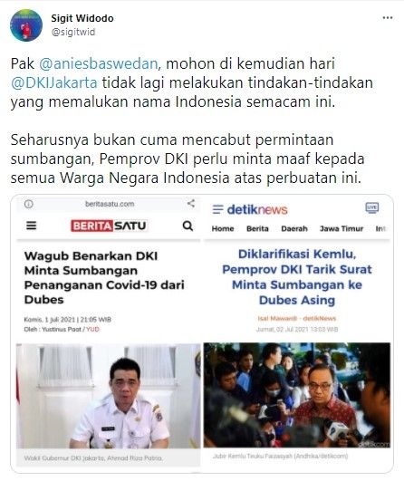 PSI sebut Anies malak dubes sudah permalukan RI (Twitter/sigitwid)