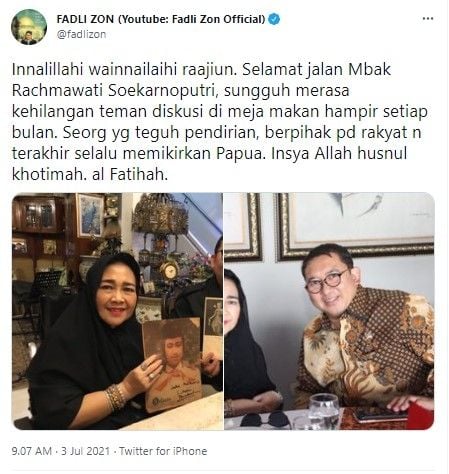 Fadli Zon mengenang kepergian Rachmawati Soekarnoputri (Twitter/fadlizon)