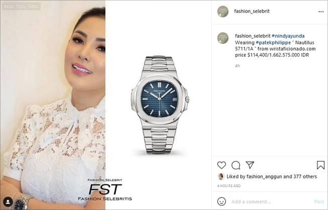 Jam tangan mewah Nindy Ayunda seharga Rp1,6 miliar. (Instagram/@fashion_selebrit)