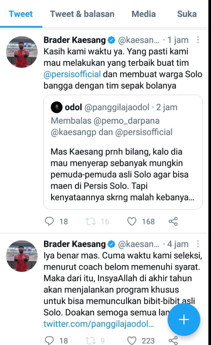 Cuitan Kaesang Pangerep soal pemain Persis Solo. [Twitter]