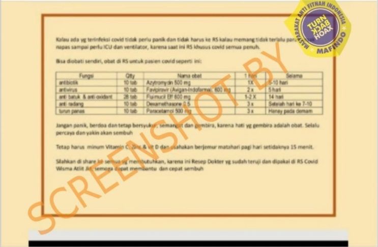 CEK FAKTA Daftar Obat dari RS Ini Boleh Dipakai Sendiri oleh Pasien Covid-19. (Turnbackhoax.id)