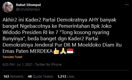 Cuitan Ruhut Sitompul Puji Demokrat Moeldoko dan Kritik Demokrat Sah AHY. (Twitter/ruhutsitompul)