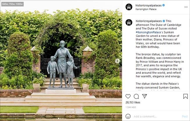 Patung mendiang Putri Diana. (Instagram/@historicroyalpalaces)