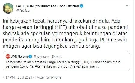 Fadli Zon minta harga pcr dan antigen diturunkan (Twitter/fadlizon)