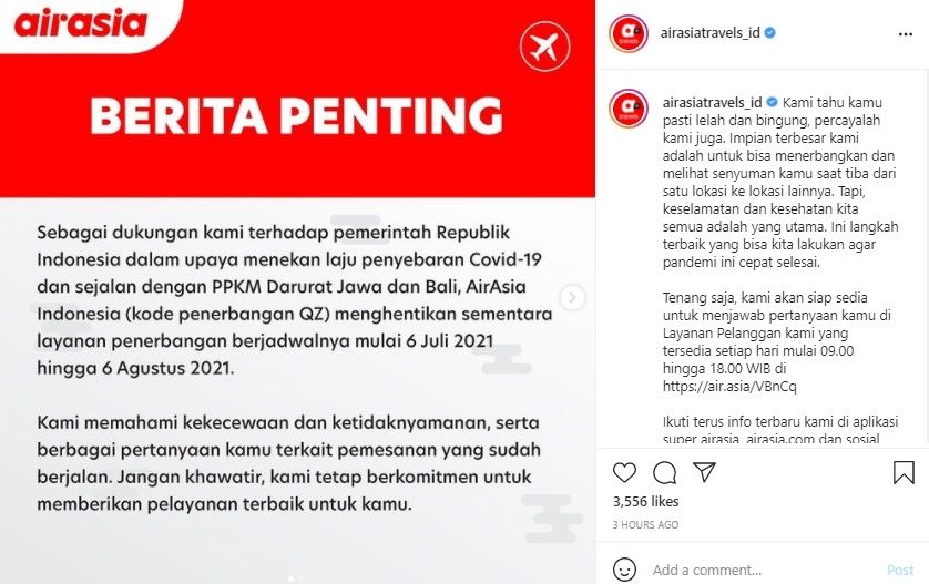 AirAsia Setop Seluruh Penerbangan Sampai Agustus. (Instagram/@airasiatravels_id)