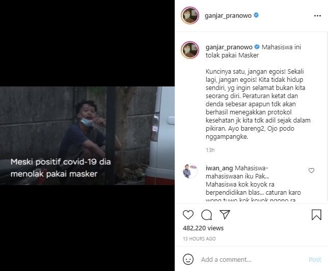 Video Ganjar Pranowo Marahi Mahasiwa Positif Covid-19. (Instagram/@ganjar_pranowo)