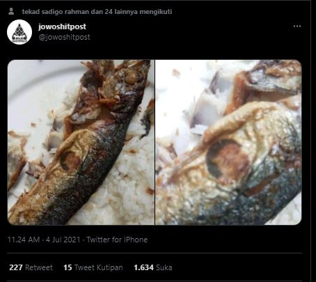 Baru Makan Separuh, Warganet Tetiba Syok Lihat Ada Wajah Misterius di Ikan Goreng Ini. (Twitter/@jowoshitpost)