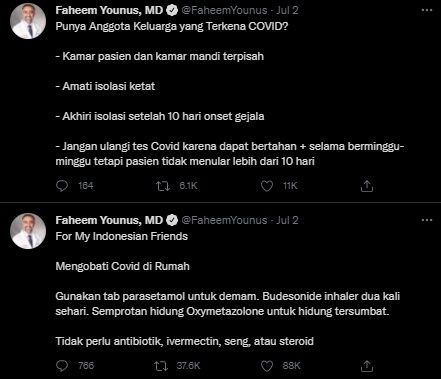 Cuitan dr Faheem Younus Soal Isolasi Mandiri. (Twitter/@FaheemYounus)