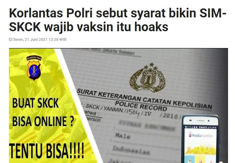 Benarkah Kini Mengurus SIM dan SKCK Membutuhkan Sertifikat Vaksin Covid (Turnbackhoax.id)