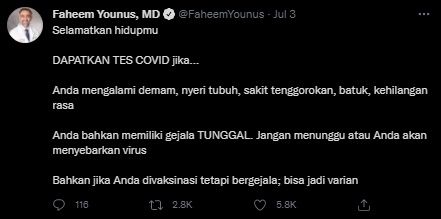 Cuitan dr Faheem Younus Soal Tes Covid-19. (Twitter/@FaheemYounus)