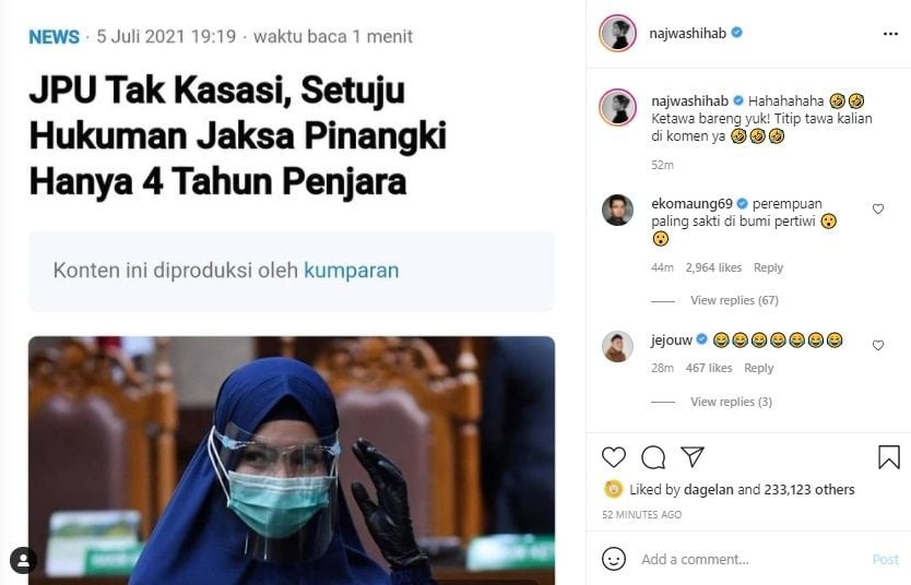 Najwa Shihab Hanya Bisa Tertawa Jaksa Setuju Hukuman Pinangki 4 Tahun. (Instagram/@najwashihab)