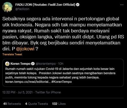 Fadli Zon Desak Intervensi Global di Indonesia. (Twitter/@fadlizon)