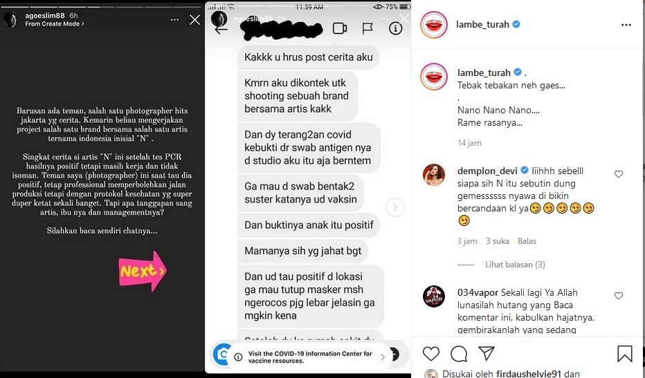 Artis N yang ngotot tetap syuting meski tengah positif Covid-19. [Instagram Lambe Turah]