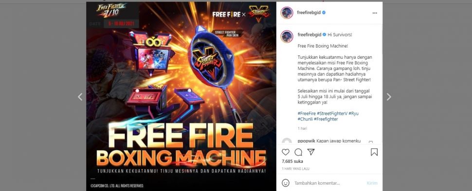 Cara dapat Pan-Street Fighter Free Fire gratis (instagram/freefirebgid)