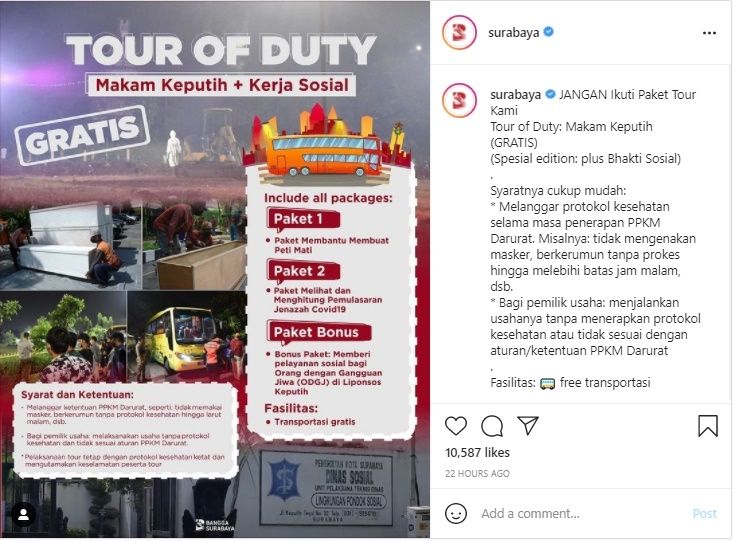 Surabaya Beri Hadiah Tour Gratis Bagi Pelanggar PPKM Darurat Agar Kapok. (Instagram/@surabaya)