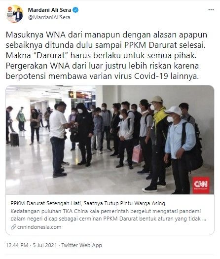 Mardani minta RI tolak WNA masuk sampai PPKM darurat selesai (Twitter)