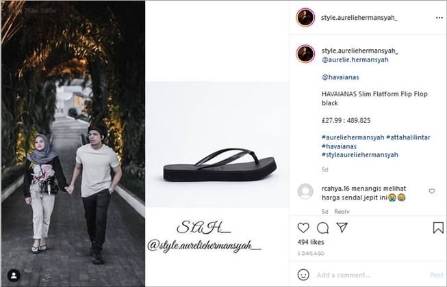 Harga sandal jepit Aurel Hermansyah saat jalan bareng suami jadi sorotan. (Instagram/@style.aureliehermansyah_)