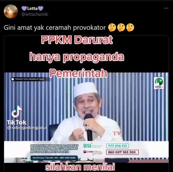 Beredar Video Pendakwah Curiga PPKM Cuma Jebakan Agar Tak Ada Perayaan Idul Adha. (twitter.com/lettachantik)