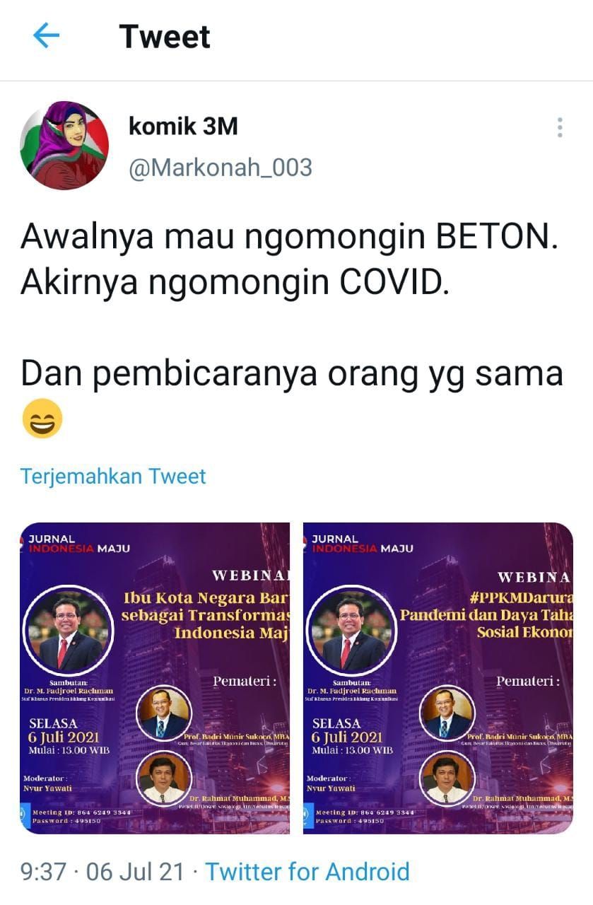 Satu poster bertajuk Ibu Kota Negara Baru sebagai Transformasi Indonesia Maju dan poster lainnya bertajuk #PPKMDarurat: Pandemi dan Daya Tahan Sosial Ekonomi. (Tangkap layar)