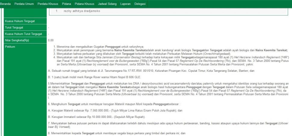 Isi tuntutan perempuan berinisia W terhadap Rezky Aditya. [Caputre situs PN Tangerang]