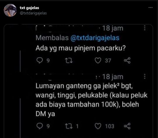 Cewek buka jasa sewa pacarnya. (Twitter/txtdarigajelas)