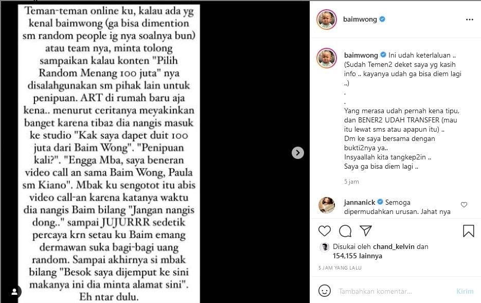 Nama Baim Wong dicatut untuk penipuan. [Instagram]
