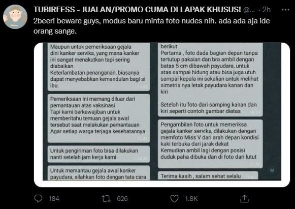 Modus Baru Minta Foto Bugil Berdalih Pemeriksaan Kanker Payudara dan Serviks. (Twitter/@Tubirfess)
