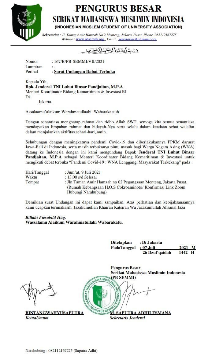 Tersebar surat undangan debat terbuka dari Pengurus Besar Serikat Mahasiswa Muslim Indonesia (PB SEMMI) yang ditujukan kepada Menteri Koordinator Bidang Kemaritiman dan Investasi RI, Luhut Binsar Pandjaitan. dok PB SEMMI)