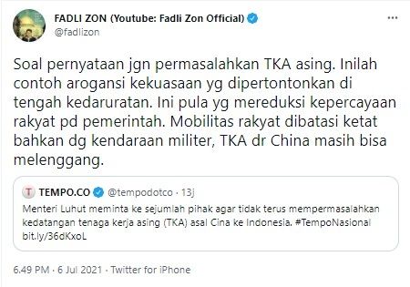 Fadli Zon sebut Luhut tunjukkan arogansi kekuasaan (Twitter/fadlizon)