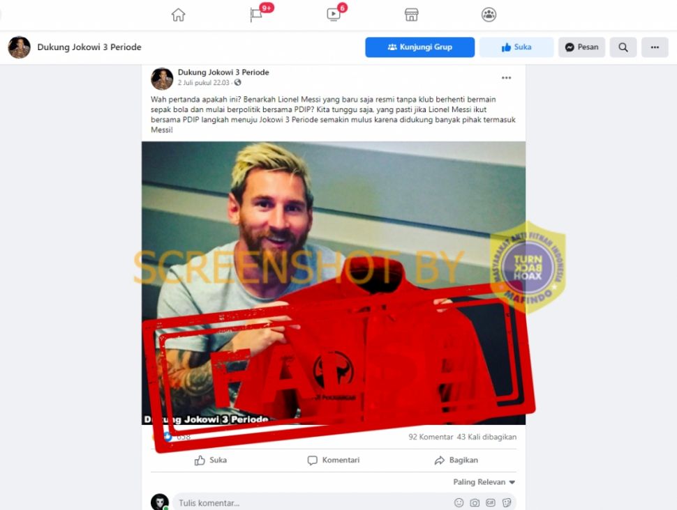 Fakta Lionel Messi pamerkan foto seragam PDI Perjuangan (Turnbackhoax.id)