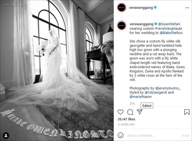 Detail tersembunyi gaun pengantin Gwen Stefani. (Instagram/@verawanggang)