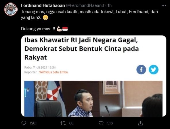 Ferdinand Hutahaean Tanggapi Kekhawatiran Ibas Yudhoyono. (Twitter/@FerdinandHaean3)