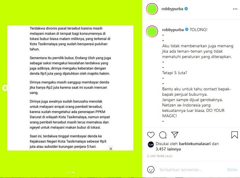 Robby Purba mengkritisi hukuman denda Rp 5 juta terhadap tukang bubur, yang dianggap melanggar PPKM Darurat. [Instagram]