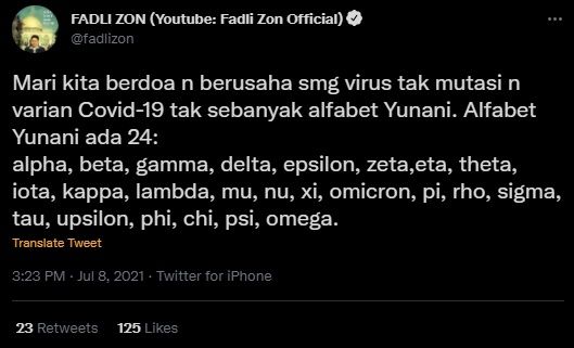 Fadli Zon Doa Mutasi Covid-19 Tak Sampai 24 Alfabet Yunani. (Twitter/@fadlizon)