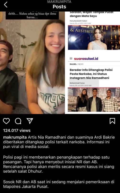 Selebriti Nia Ramadhani ditangkap oleh pihak kepolisian bersama dengan suaminya Ardi Bakrie atas dugaan kasus penyalahgunaan narkoba. (Dok. Instagram/MakRumpita)