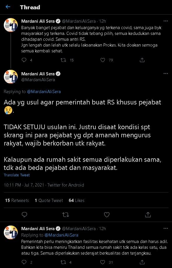 Kicauan Mardani Ali Sera soal RS Khusus Pejabat .(Twitter)