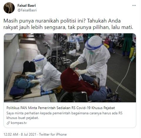 Faisal Basri pertanyakan nurani politisi PAN yang minta RS khusus pejabat (Twitter)