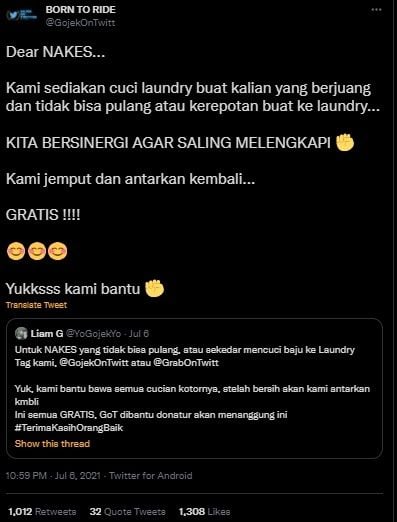 Viral Solidaritas Komunitas Ojol Untuk Nakes Tawarkan Laundry Gratis. (Twitter/@GojekOnTwitt)