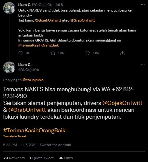 Viral Solidaritas Komunitas Ojol Untuk Nakes Tawarkan Laundry Gratis. (Twitter/@YoGojekYo)