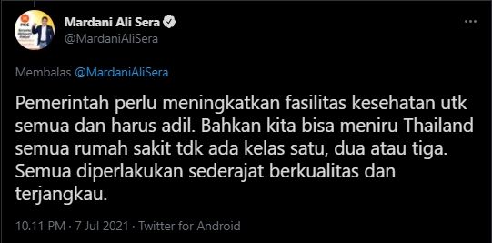 Cuitan Mardani Ali Sera. (Twitter/MardaniAliSera)