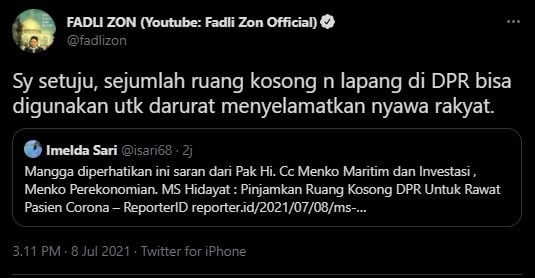 Fadli Zon setuju dengan usulan Gedung DPR dipinjam jadi RS covid-19. (Twitter/FadliZon)