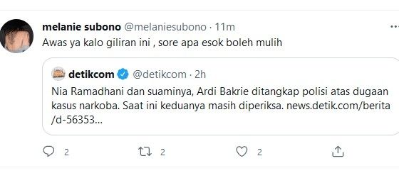 Twit Melanie Subono soal kasus narkoba Nia Ramadhani dan Ardi Bakrie. [Twitter]