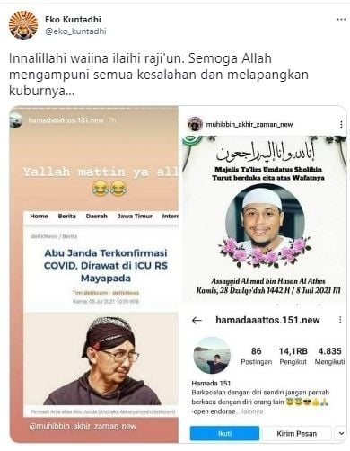 Eko Kuntadhi berduka cita dengan memasang foto berita sahabatnya, Abu Janda yang tengah terbaring di rumah sakit karena positif COVID-19.